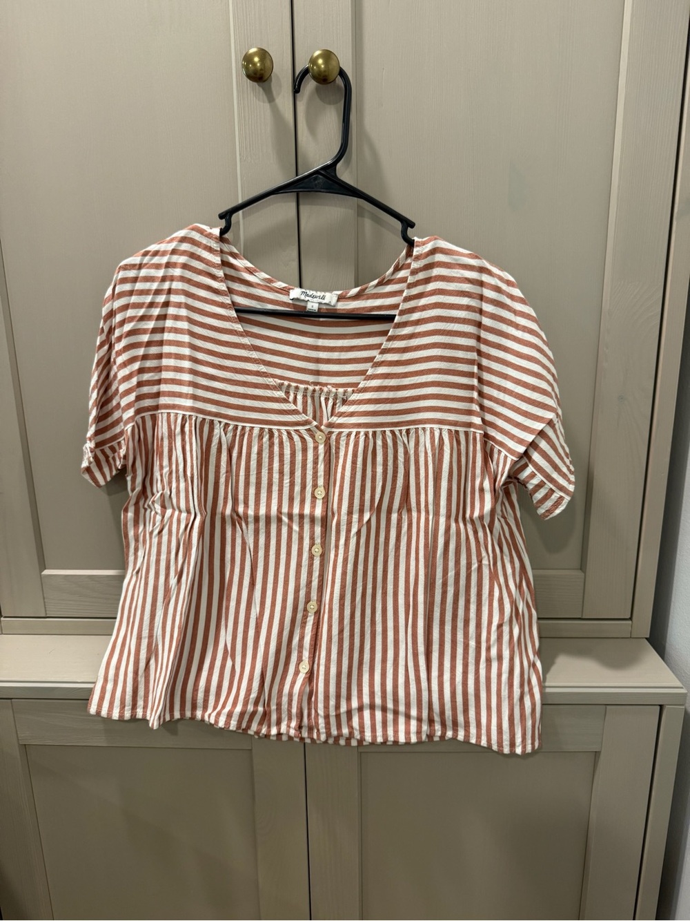 Madewell Rust and White Striped Button-Front Cropped Top